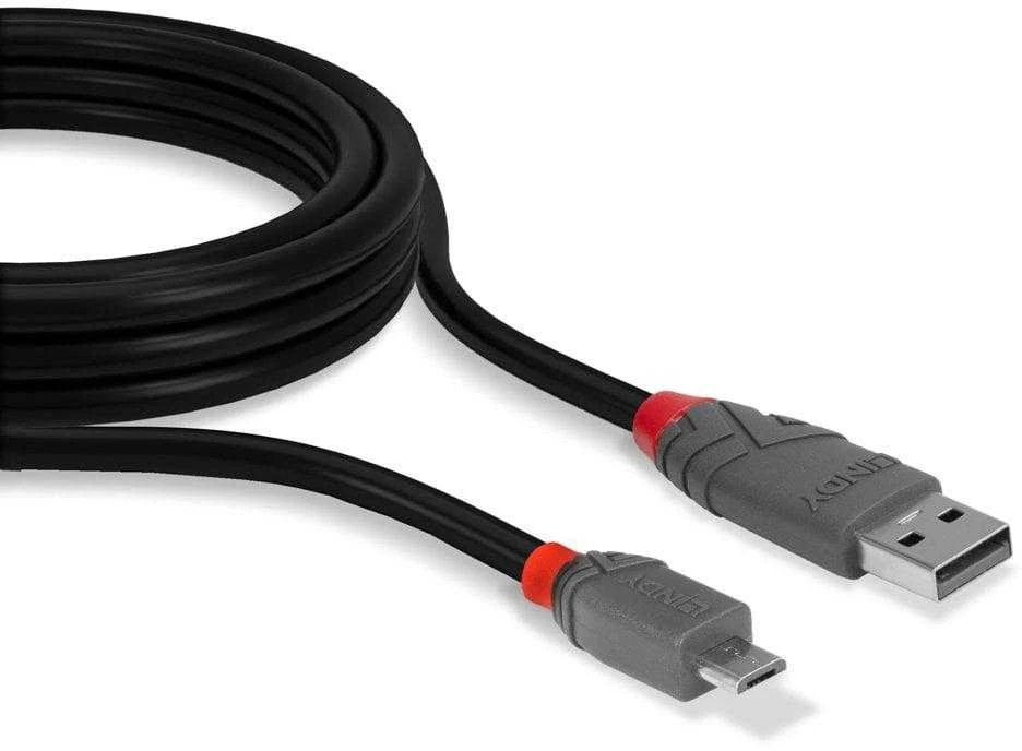 USB Kabelis - LINDY Anthra Line USB 2.0 Type A į Micro-B Laidas M/M, 2 m, Juodas