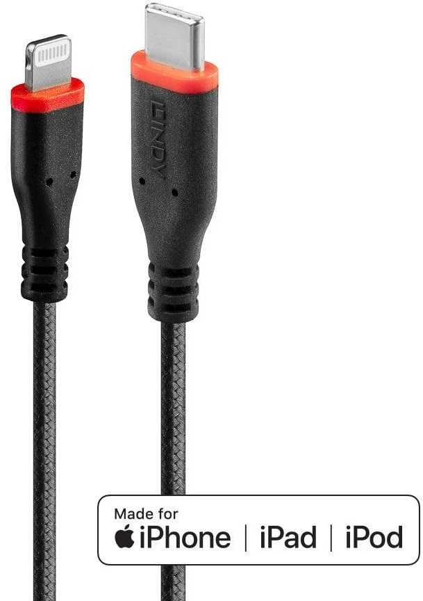 USB Laidas - LINDY Sustiprintas USB Type C į Lightning Laidas, M/M, 480Mbps, 1 m, Juodas