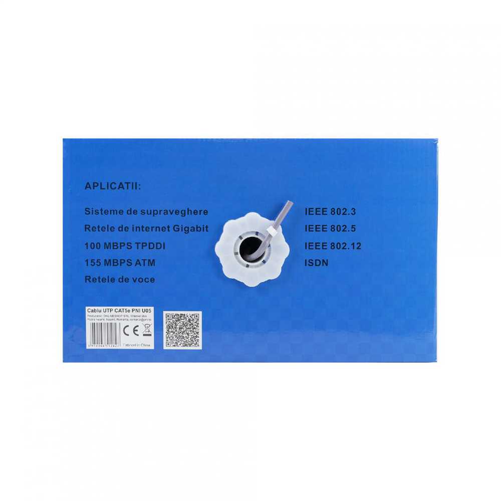 CAT5e UTP kabelis PNI U05 su 4 poromis internetui 1 Gigabit ir stebėjimo sistemoms, ritė 305m