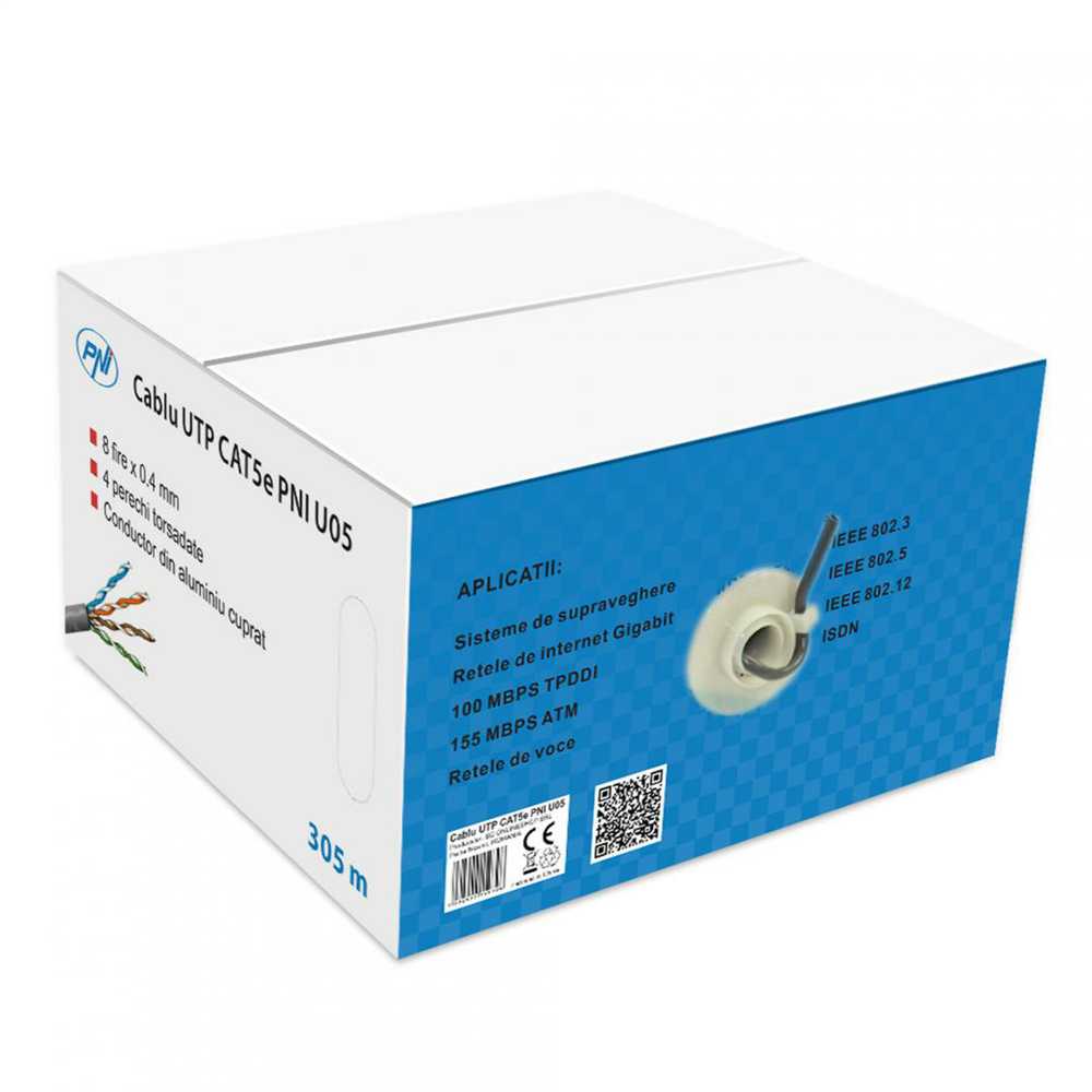 CAT5e UTP kabelis PNI U05 su 4 poromis internetui 1 Gigabit ir stebėjimo sistemoms, ritė 305m