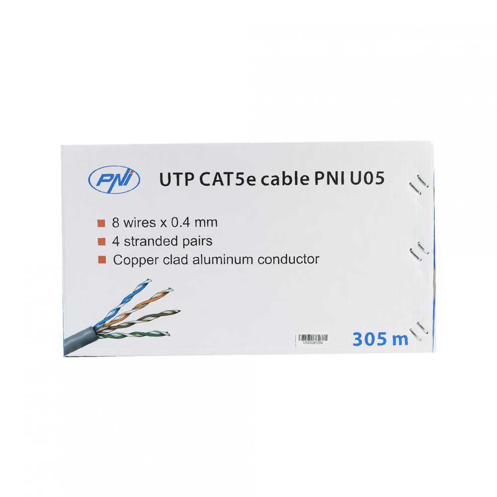 CAT5e UTP kabelis PNI U05 su 4 poromis internetui 1 Gigabit ir stebėjimo sistemoms, ritė 305m