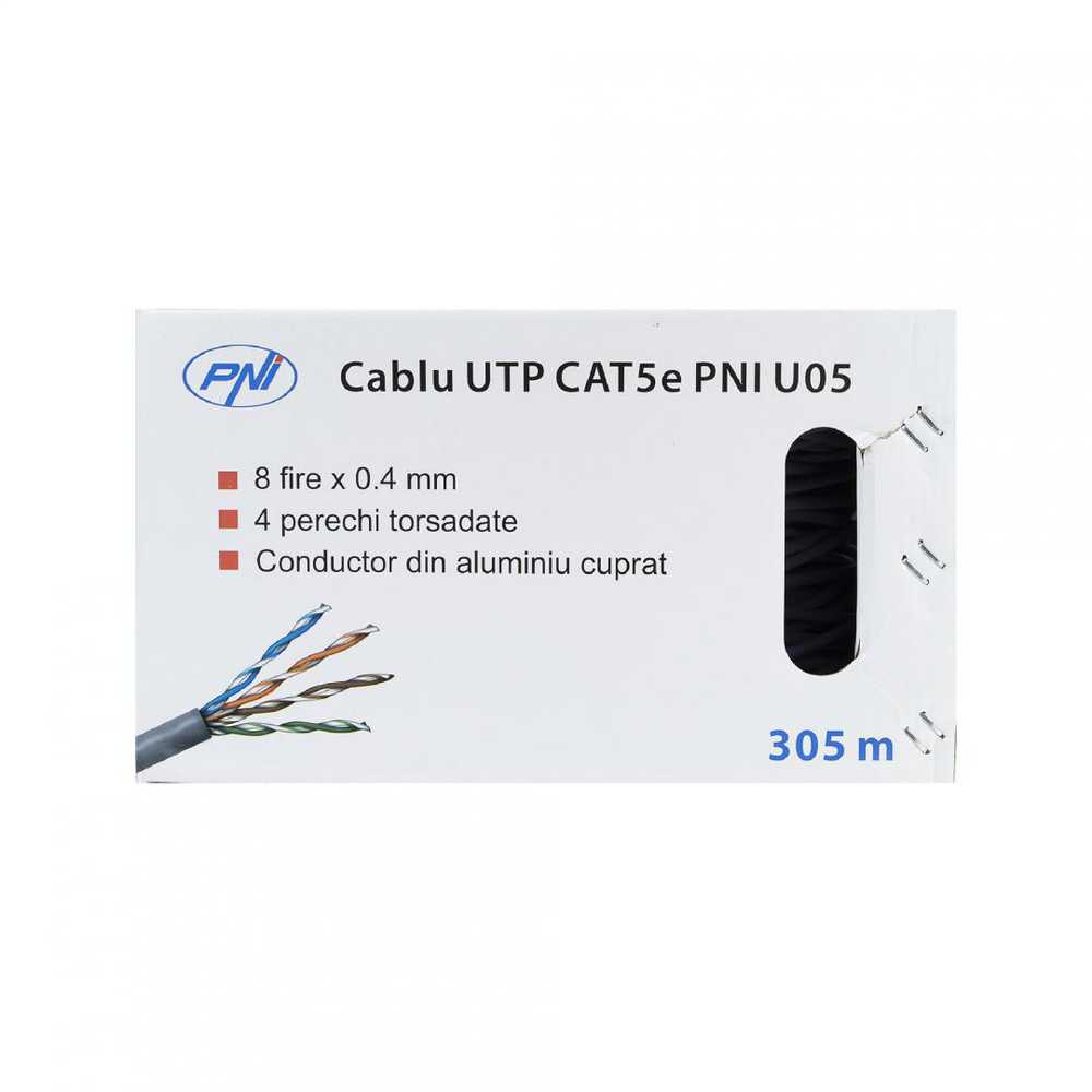 CAT5e UTP kabelis PNI U05 su 4 poromis internetui 1 Gigabit ir stebėjimo sistemoms, ritė 305m