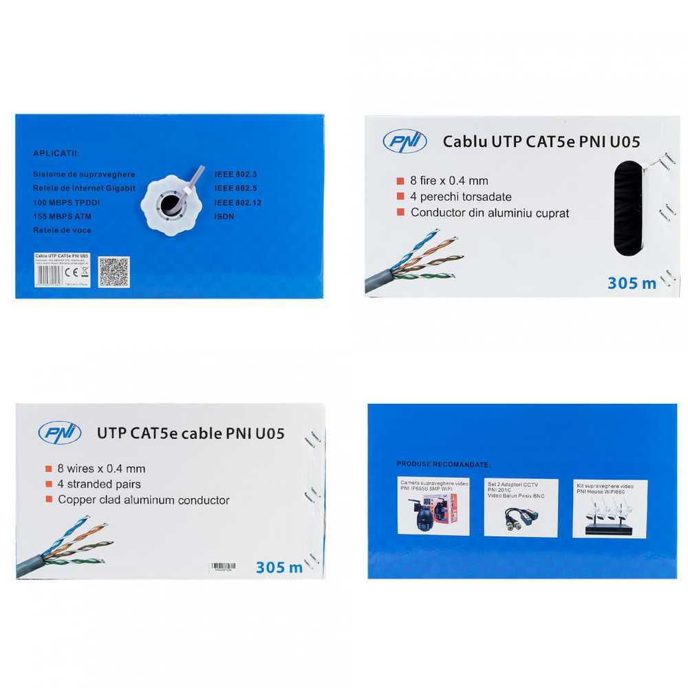 CAT5e UTP kabelis PNI U05 su 4 poromis internetui 1 Gigabit ir stebėjimo sistemoms, ritė 305m