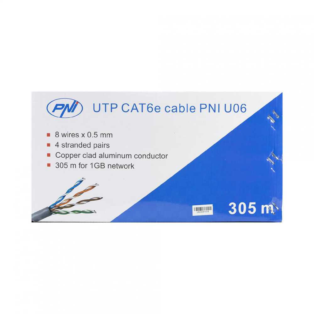 CAT6e UTP kabelis PNI U06 su 4 poromis internetui 1 Gigabit ir stebėjimo sistemoms, ritė 305m