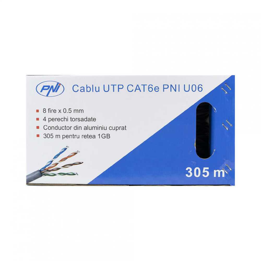 CAT6e UTP kabelis PNI U06 su 4 poromis internetui 1 Gigabit ir stebėjimo sistemoms, ritė 305m