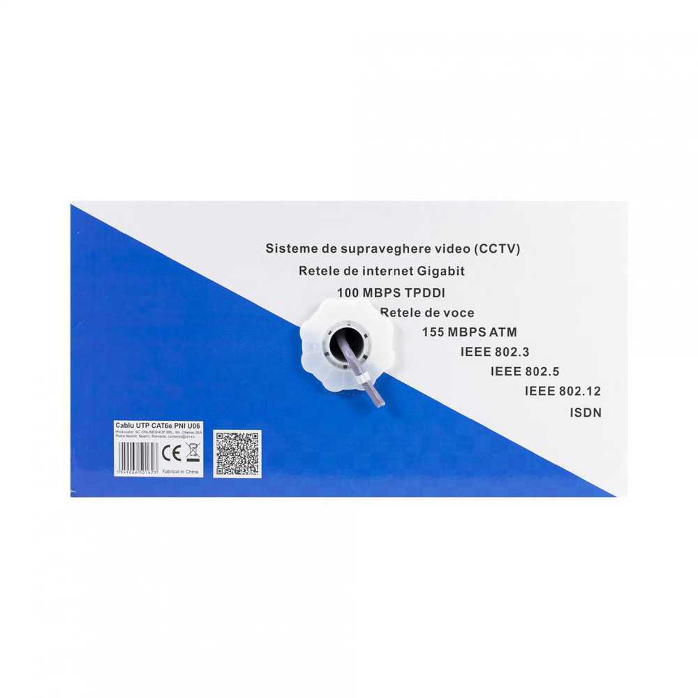 CAT6e UTP kabelis PNI U06 su 4 poromis internetui 1 Gigabit ir stebėjimo sistemoms, ritė 305m