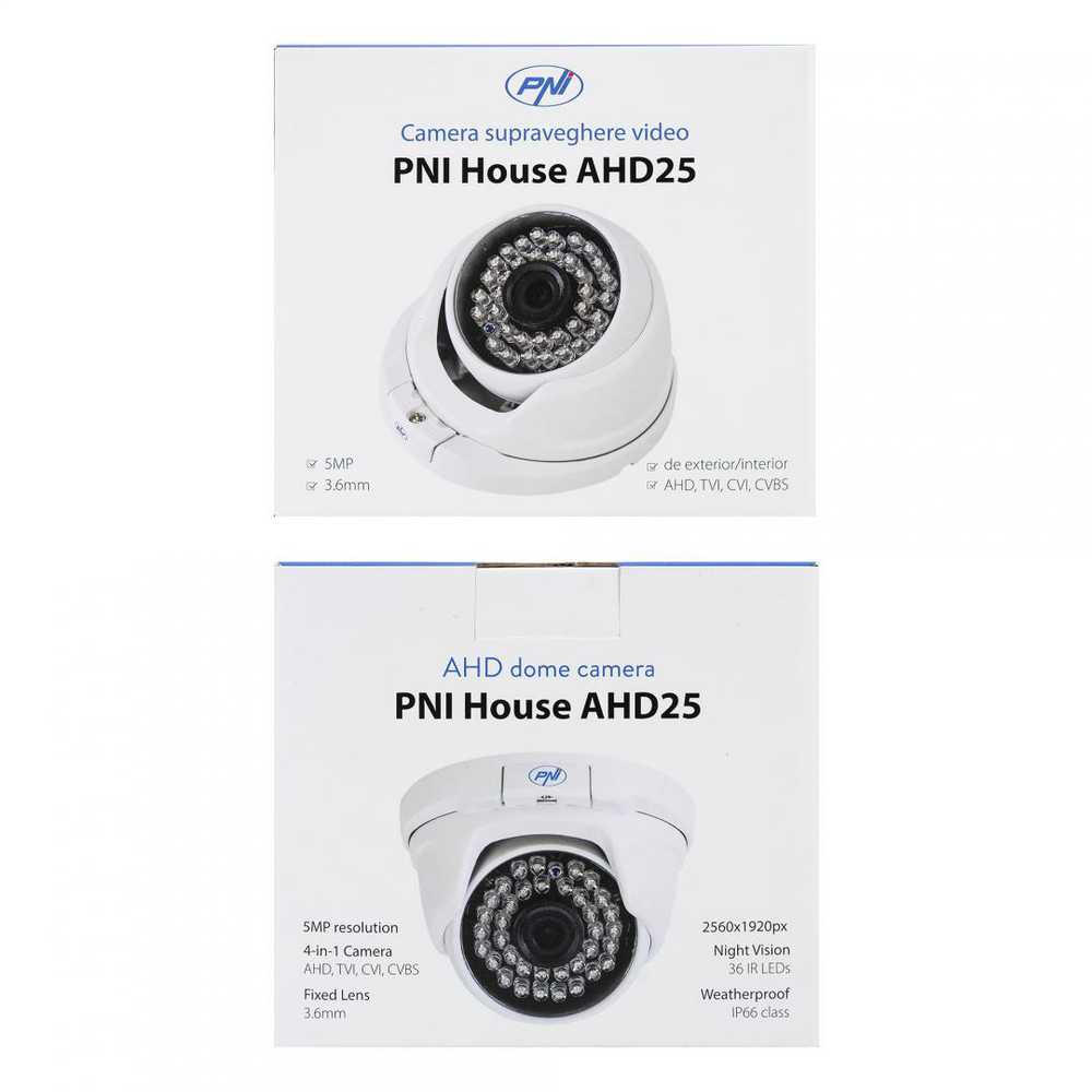 PNI House AHD25 5MP vaizdo stebėjimo kamera, kupolinė, 3,6 mm objektyvas, 36 IR šviesos diodai, lauko arba vidaus, IP66
