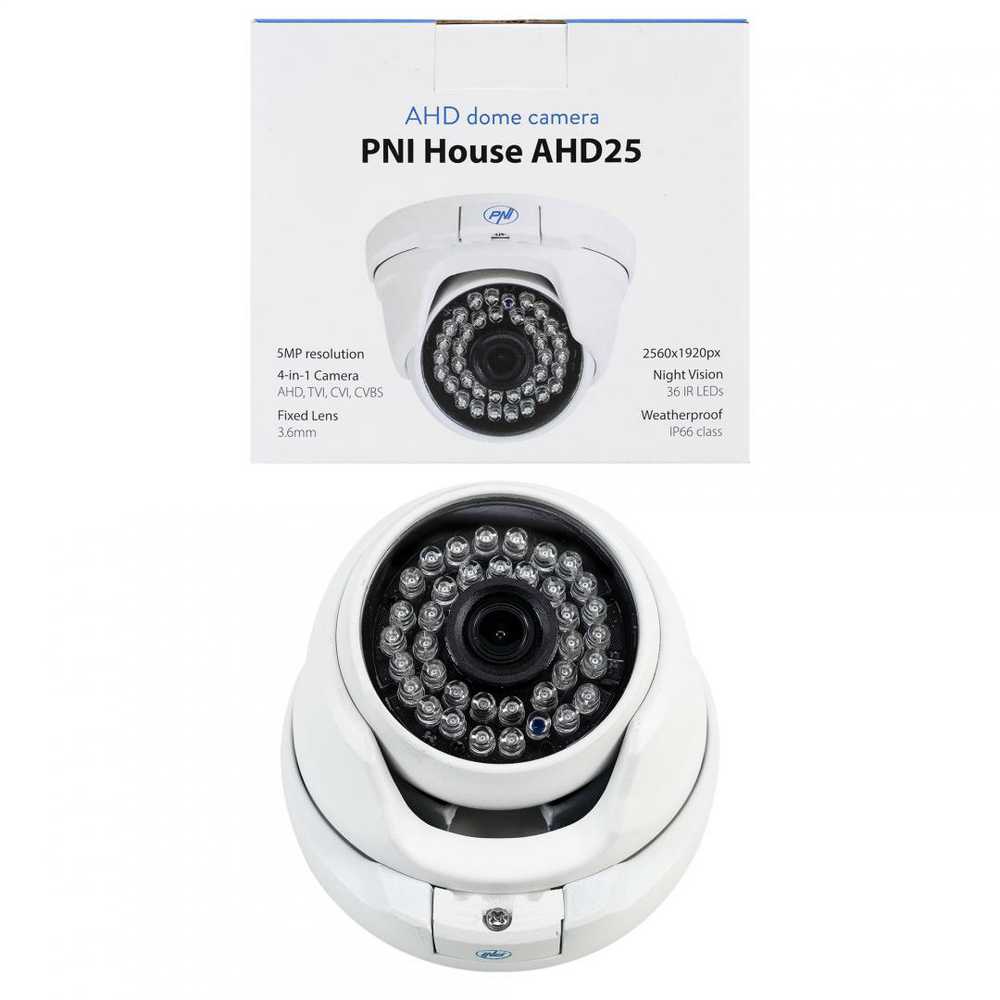 PNI House AHD25 5MP vaizdo stebėjimo kamera, kupolinė, 3,6 mm objektyvas, 36 IR šviesos diodai, lauko arba vidaus, IP66