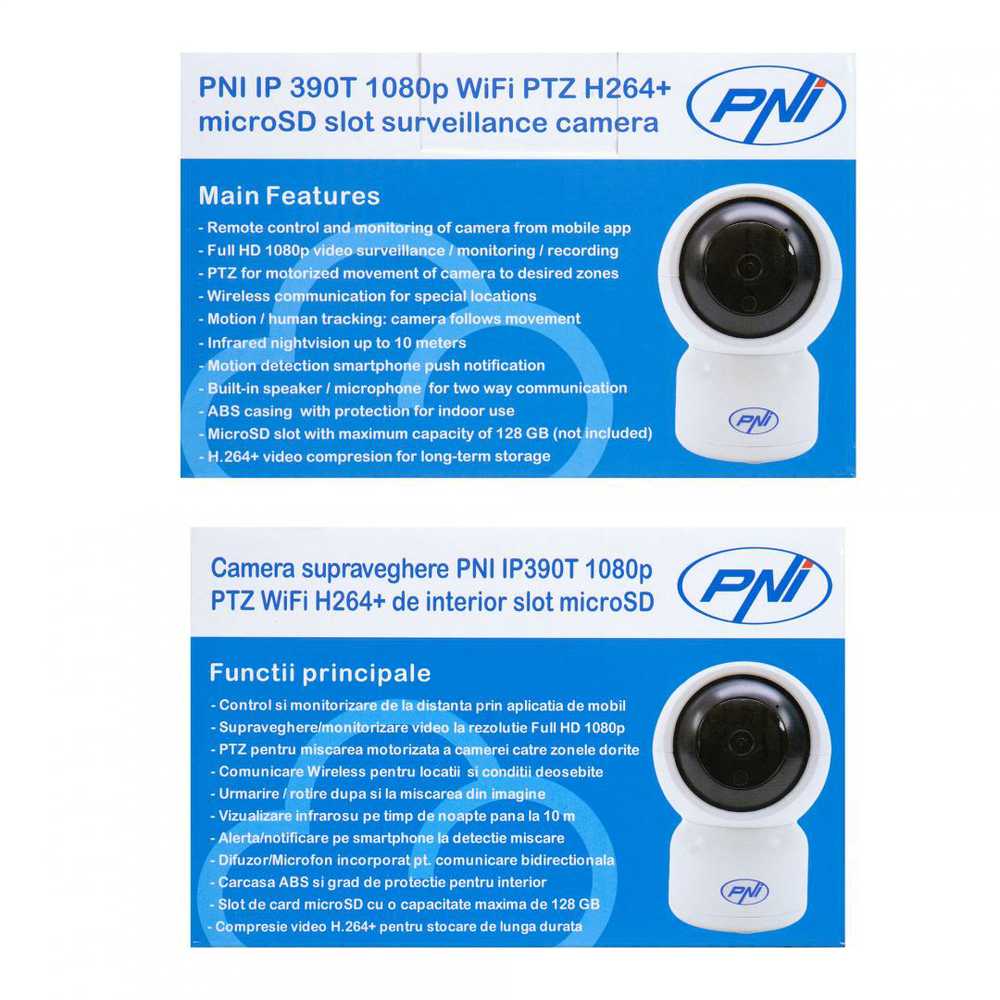 PNI IP390T 1080P vaizdo stebėjimo kamera su PTZ WiFi H264 +, palaiko 128GB Micro SD, naktinis matymas, Tuya programėlė, P2P, Android, iOS, skirta naudoti patalpose, sukiojasi paskui judesį, judesio aptikimo signalizacija