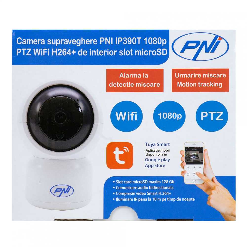 PNI IP390T 1080P vaizdo stebėjimo kamera su PTZ WiFi H264 +, palaiko 128GB Micro SD, naktinis matymas, Tuya programėlė, P2P, Android, iOS, skirta naudoti patalpose, sukiojasi paskui judesį, judesio aptikimo signalizacija