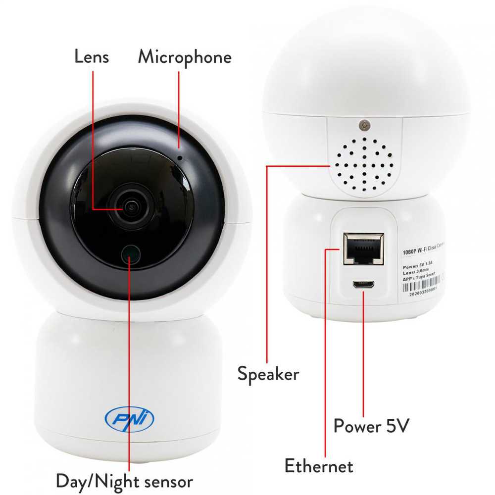 PNI IP390T 1080P vaizdo stebėjimo kamera su PTZ WiFi H264 +, palaiko 128GB Micro SD, naktinis matymas, Tuya programėlė, P2P, Android, iOS, skirta naudoti patalpose, sukiojasi paskui judesį, judesio aptikimo signalizacija