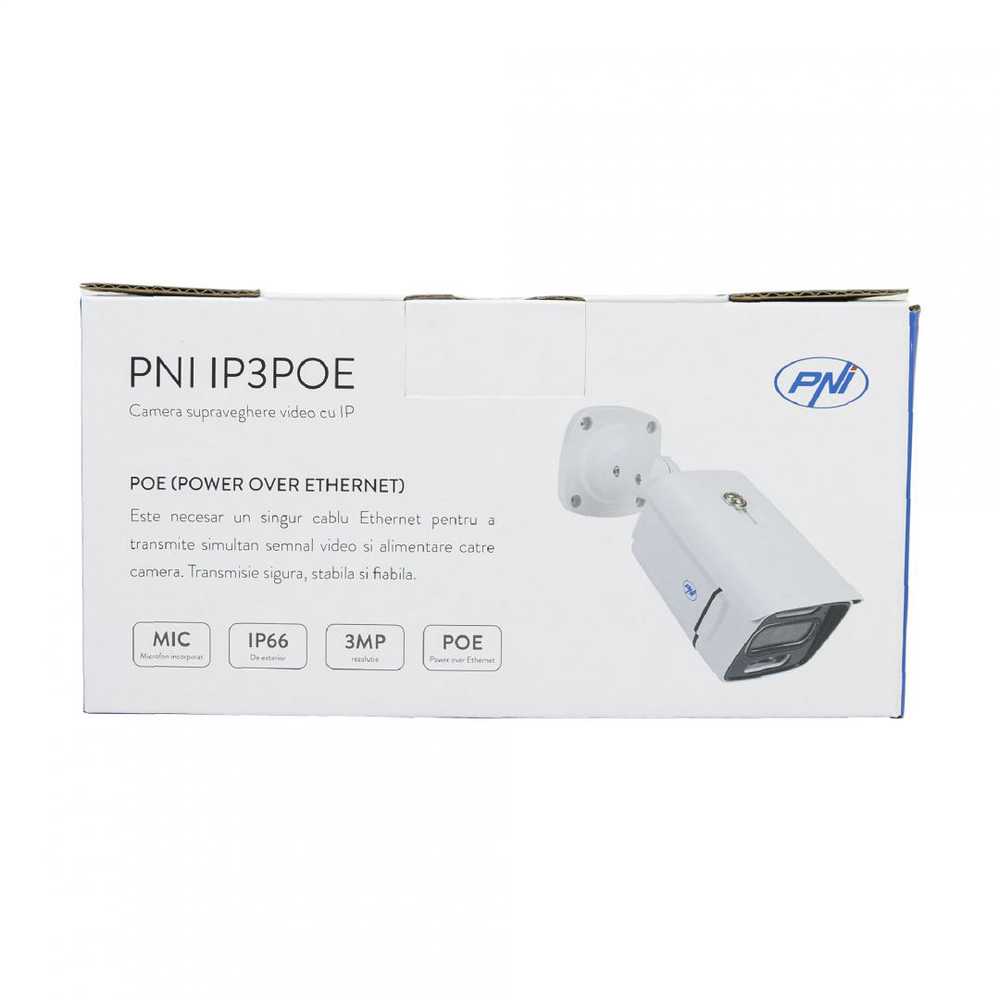 PNI IP3POE vaizdo stebėjimo kamera su IP, 3MP, lauko IP66, integruotas mikrofonas, suderinama su POE stebėjimo sistema PNI House IPMAX POE 3 ir PNI House IPMAX POE 3LR