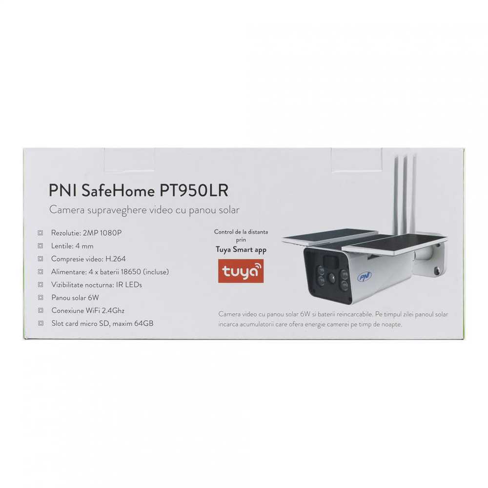 PNI SafeHome PT950LR 1080P vaizdo stebėjimo kamera su 6W saulės baterija, WiFi, akumuliatoriumi, valdymu per „Tuya Smart“ programėlę, integracija į scenarijus ir išmaniąja automatizacija su kitais „Tuya“ suderinamais produktais