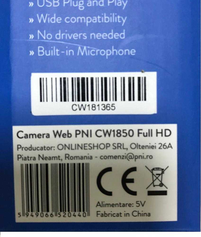 PNI CW1850 „Full HD“ internetinė kamera, USB jungtis, tvirtinimo spaustukas, integruotas mikrofonas