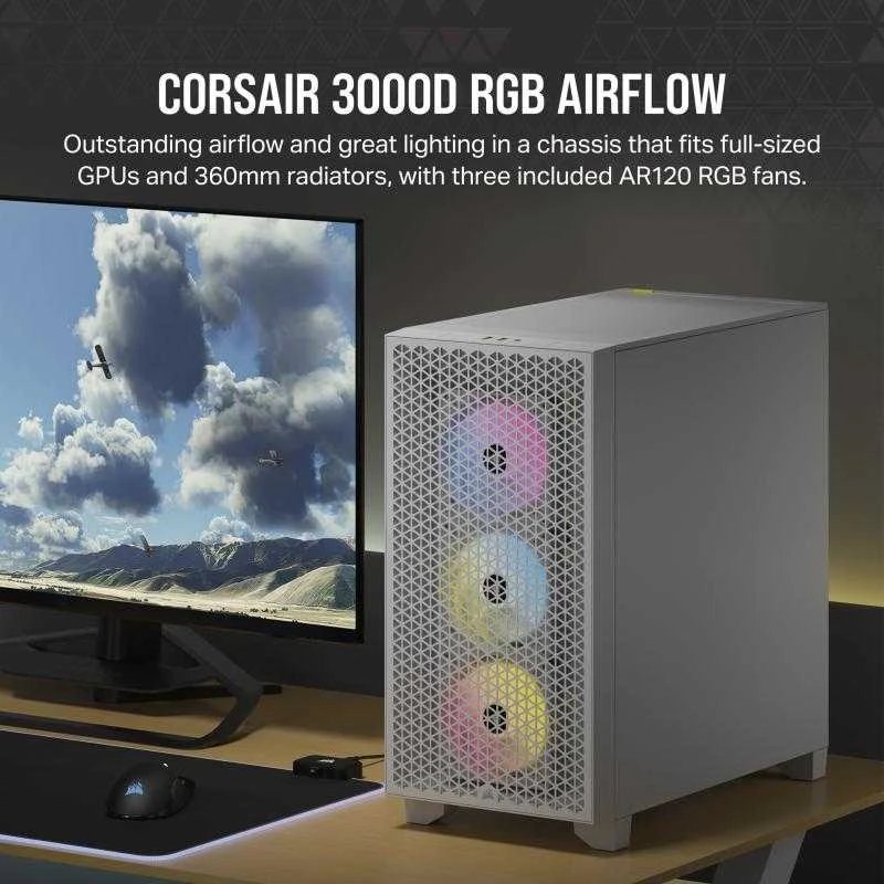 Corsair | RGB Tempered Glass PC Case | 3000D | Side window | Mid-Tower | Baltas