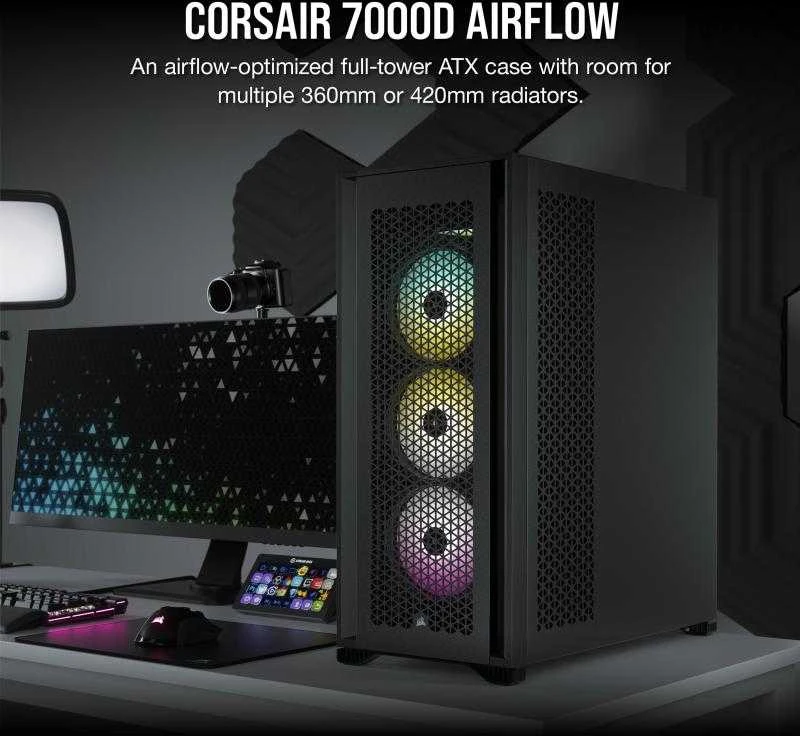 „Corsair“ | Grūdinto stiklo kompiuterio korpusas | 7000D AIRFLOW | Šoninis langas | Juodas | Pilno dydžio bokštas | ATX
