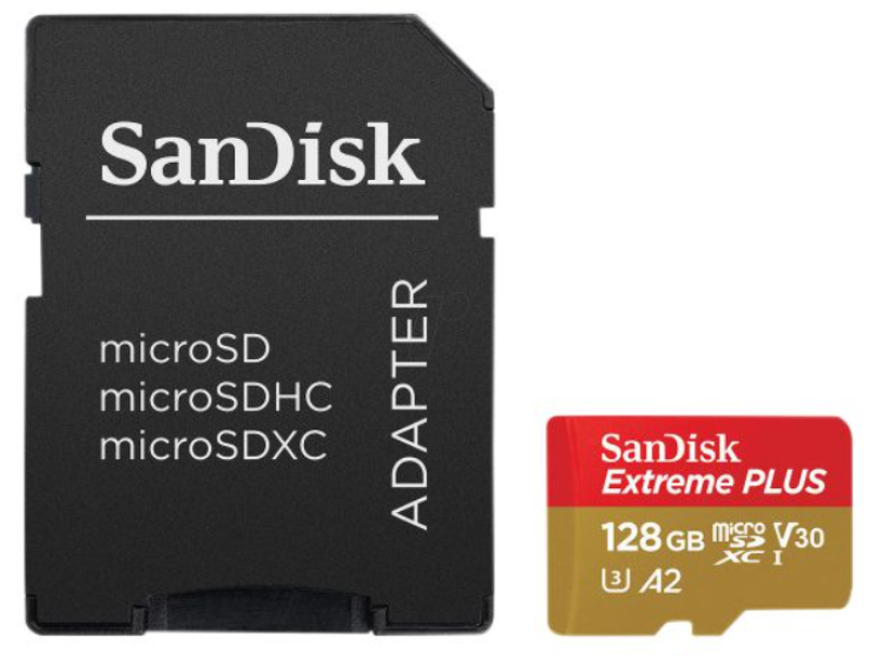 Atminties kortelė SanDisk Extreme PLUS Micro SDXC 128GB + SD adapteris + 2 metai RescuePRO Deluxe iki 200MB/s & 90MB/s Skaitymo/Rašymo greitis A2 C10 V30 UHS-I U3, EAN: 619659188986