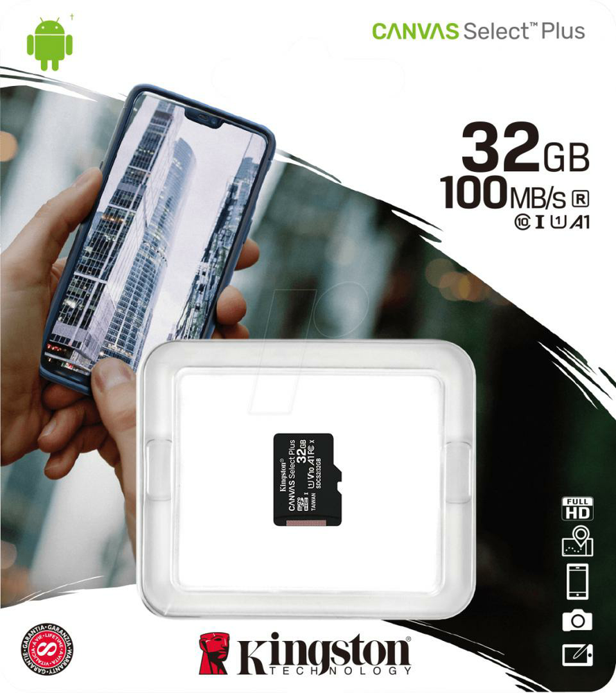Atminties kortelė Kingston Canvas Select Plus UHS-I 32 GB Micro SDHC Flash atminties klasė 10 SD Adapteris