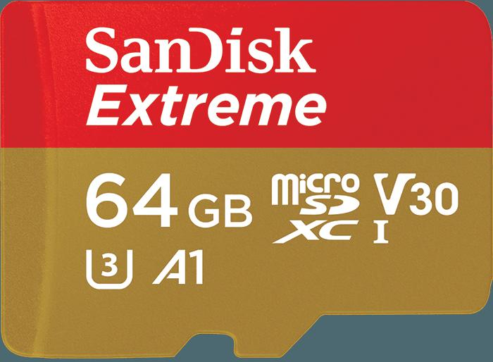 Atminties kortelė „SanDisk Extreme Micro SDXC 64GB“ + SD adapteris + „Rescue Pro Deluxe“ 160 MB/s A2 C10 V30 UHS-I U3; EAN: 619659169770