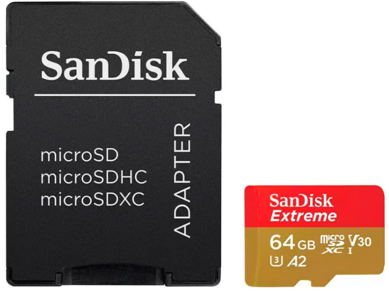 Atminties kortelė SanDisk Extreme PLUS Micro SDXC 64GB + SD adapteriai + 2 metai RescuePRO Deluxe iki 200MB/s & 90MB/s Skaitymo/Rašymo greitis A2 C10 V30 UHS-I U8, EAN: 619659189150