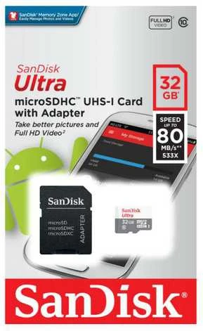 Atminties kortelė SANDISK Ultra Micro SDHC 32GB + SD Adapteris 100MB/s Class 10 UHS-I