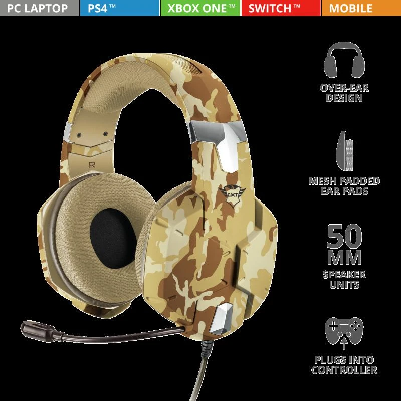 Žaidimų ausinės Trust GXT 322D Carus Desert Camo, Gelsvos, 22125
