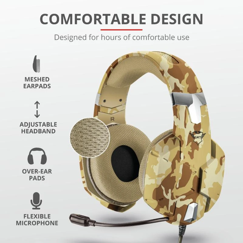 Žaidimų ausinės Trust GXT 322D Carus Desert Camo, Gelsvos, 22125