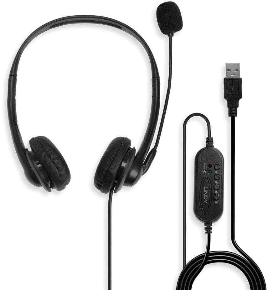 Laidinės Ausinės - LINDY USB Type A Laidinės Ausinės su Integruotu Valdymu, Juoda