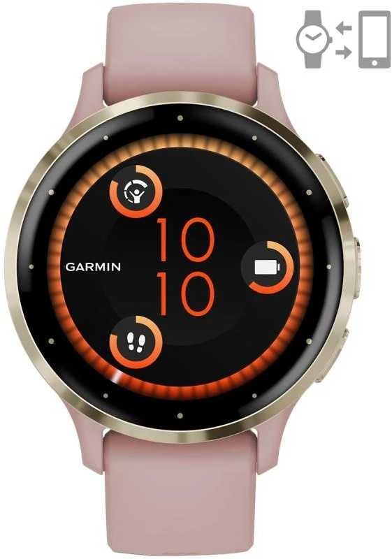 Išmanusis laikrodis Garmin Venu® 3S, Šviesaus aukso spalvos nerūdijančiojo plieno apvadas su pilkai rausvos spalvos korpusu ir silikoniniu dirželiu