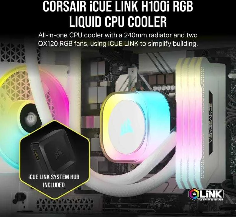CORSAIR iCUE LINK H100i RGB Baltas AIO 240mm Radiator Sky CPU Cooler