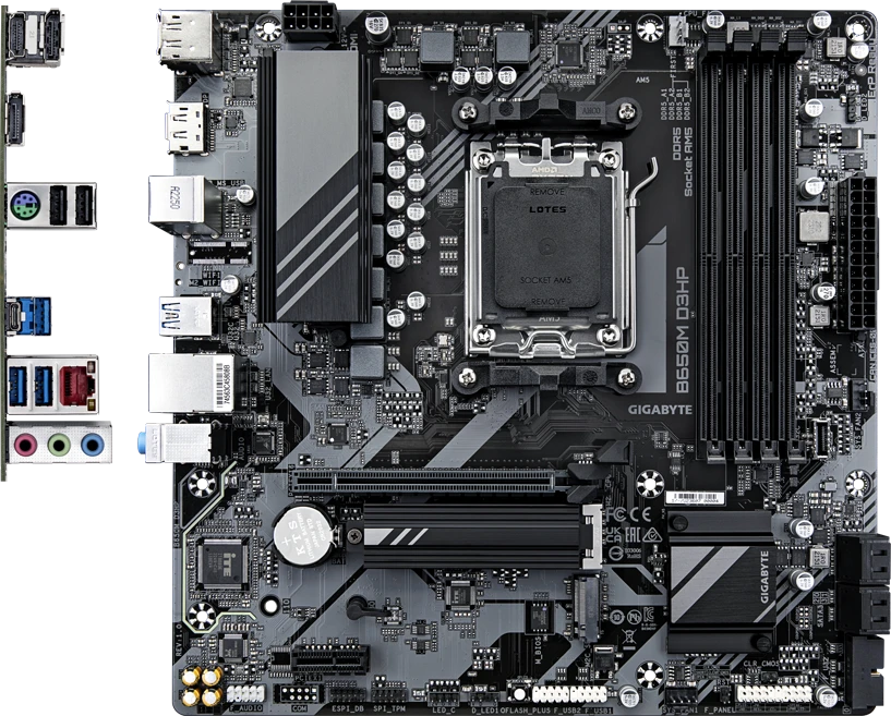 Pagrindinė plokštė „Gigabyte“ | B650M D3HP | Procesorių šeima AMD | Procesoriaus lizdas AM5 | DDR5 DIMM | Atminties lizdai 1 | Palaikomos standžiojo disko sąsajos SATA, M.2 | SATA jungčių skaičius 4 | Lustų rinkinys AMD B650 | „Micro ATX“