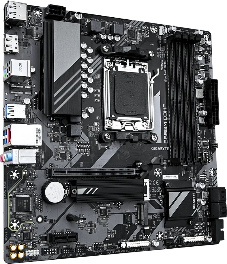 Pagrindinė plokštė „Gigabyte“ | B650M D3HP | Procesorių šeima AMD | Procesoriaus lizdas AM5 | DDR5 DIMM | Atminties lizdai 1 | Palaikomos standžiojo disko sąsajos SATA, M.2 | SATA jungčių skaičius 4 | Lustų rinkinys AMD B650 | „Micro ATX“