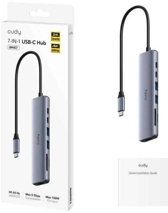 „Cudy UH407 PortMate USB-C 7-in-1“ šakotuvai, 4K 60Hz HDMI USB-C PD USB-A SD TF aliuminio pilka