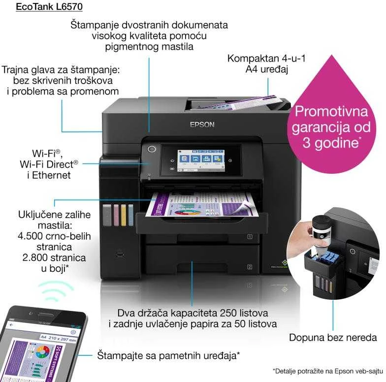 Epson | Daugiafunkcinis Spausdintuvas | EcoTank L6570 | Inkjet | Spalvotas | Inkjet Daugiafunkcinis Spausdintuvas | A4 | Wi-Fi | Juodas