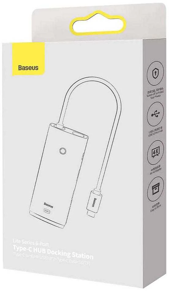 „Baseus Lite“ serijos šakotuvas 6w1 USB-C iki 2x USB 3.0 + USB-C + HDMI + SD/TF (juodas)