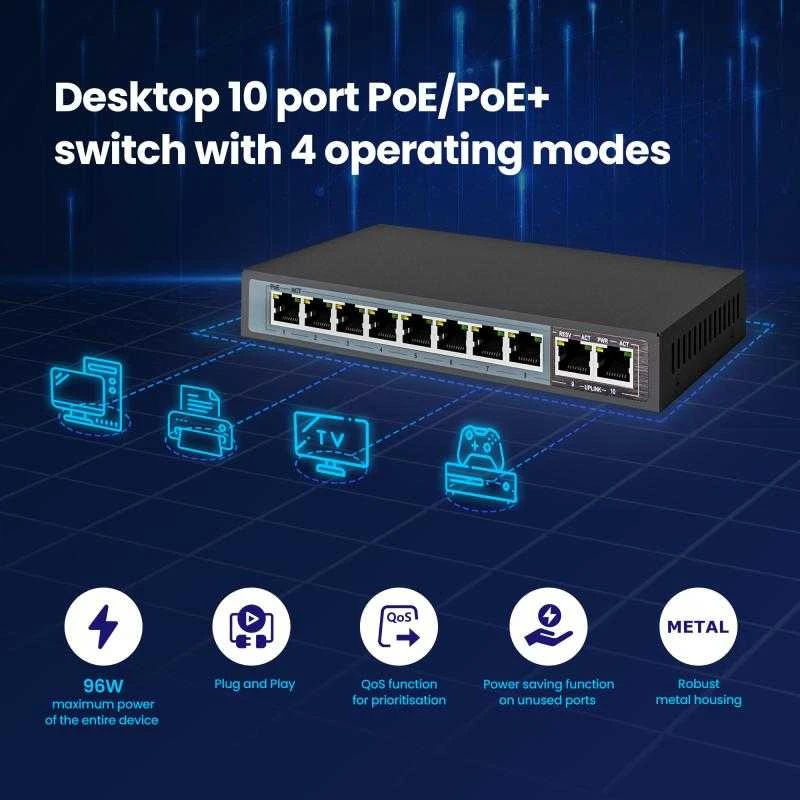Šakotuvas EXTRALINK CERES 8 prievadų FastEthernet nevaldomas 96 W PoE jungiklis + 2x FE Up-Link