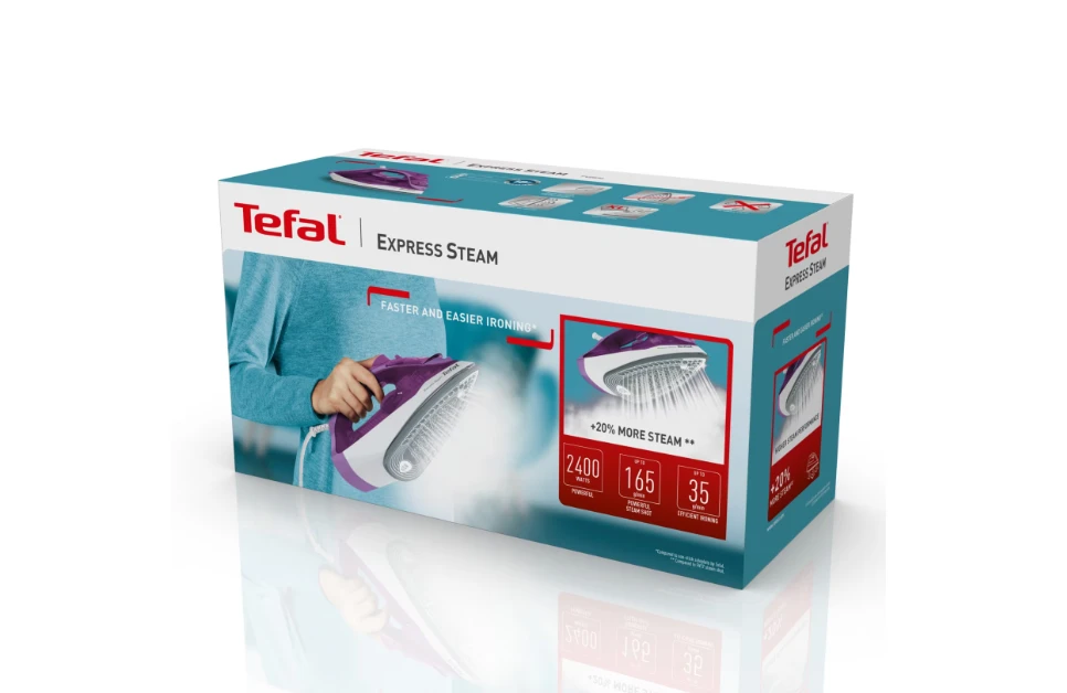 TEFAL FV2836E0 | Garų lygintuvas | 2400 W | Vanduo tank capacity 270 ml | Continuous steam 35 g/min | Steam boost performance 165 g/min | Violetinė/Baltas