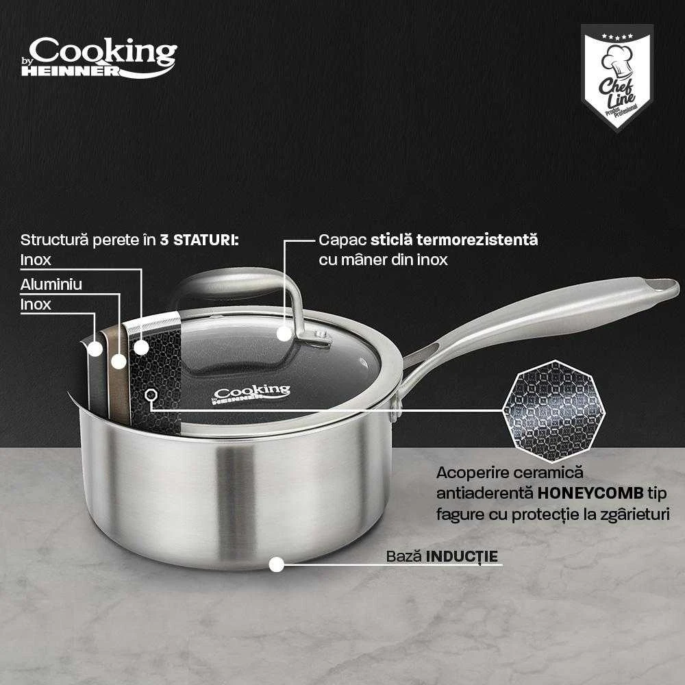 NERŪDIJANČIO PLIENO PUODAS + 3 SLUOKSNIŲ STIKLINIS DANGTIS 18X9 CM, 2 L, TITANIUM3, COOKING BY HEINNER