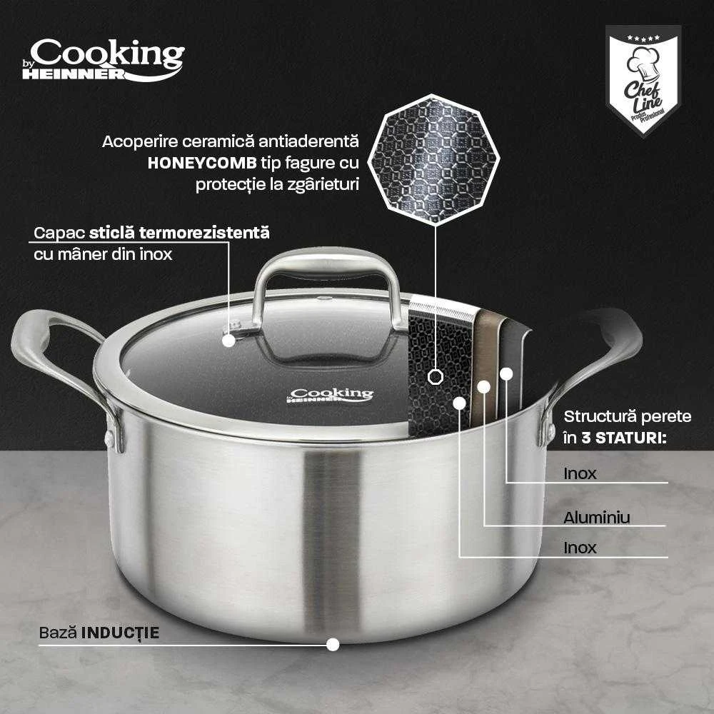 Garų puodas Nerūdijančio plieno keptuvė su 3 sluoksnių stikliniu dangčiu, 28 x 13 cm, 7 l, titano danga, „Cooking by Heinner“