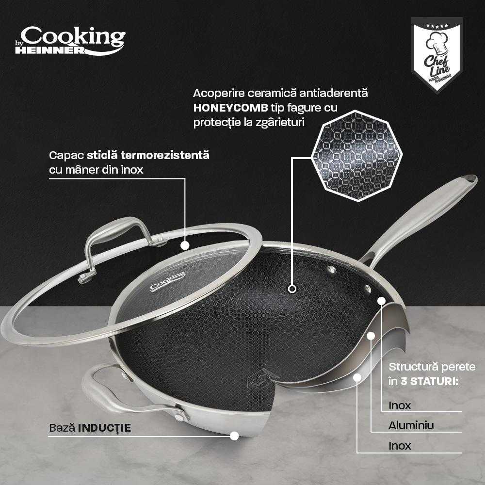 NERŪDIJANČIO PLIENO WOK LINIJA + STIKLINIS DANGTELIS 30X8,5 CM, 4,5 L, TITANIUM 3, COOKING BY HEINNER