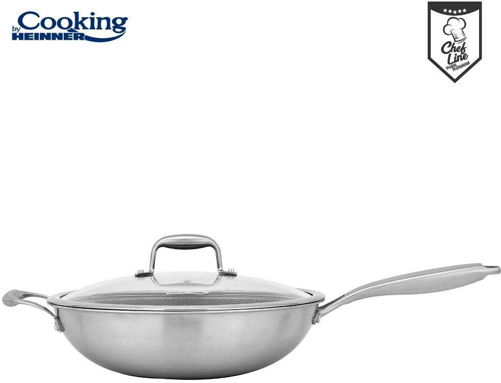 NERŪDIJANČIO PLIENO WOK LINIJA + STIKLINIS DANGTELIS 30X8,5 CM, 4,5 L, TITANIUM 3, COOKING BY HEINNER