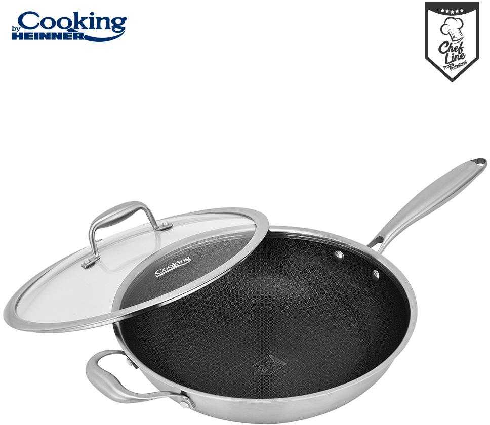 NERŪDIJANČIO PLIENO WOK LINIJA + STIKLINIS DANGTELIS 30X8,5 CM, 4,5 L, TITANIUM 3, COOKING BY HEINNER