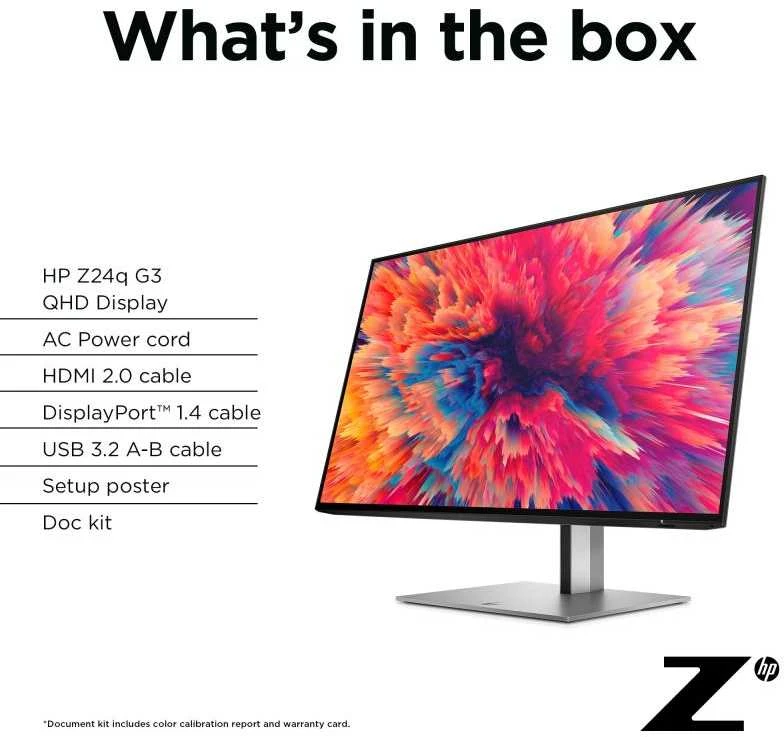 Hewlett Packard (HP) HP Z24q G3 QHD monitorius – 23,8 colio, 2560x1440 QHD, 400 nitų, 90 Hz, AG, IPS, HDMI/DisplayPort grandinės jungtis, 4 USB-A jungtys, reguliuojamo aukščio / pakreipimo / pasukimo / sukimosi padėtis, 3 metimai