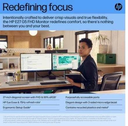 Hewlett Packard (HP) HP E27 G5 FHD monitorius – 27 colių 1920x1080 FHD 300 nitų 75 Hz AG, IPS, HDMI/DisplayPort, 4x USB-A, reguliuojamas aukštis / pakreipimas / pasukamas / pasukamas, 3 metai