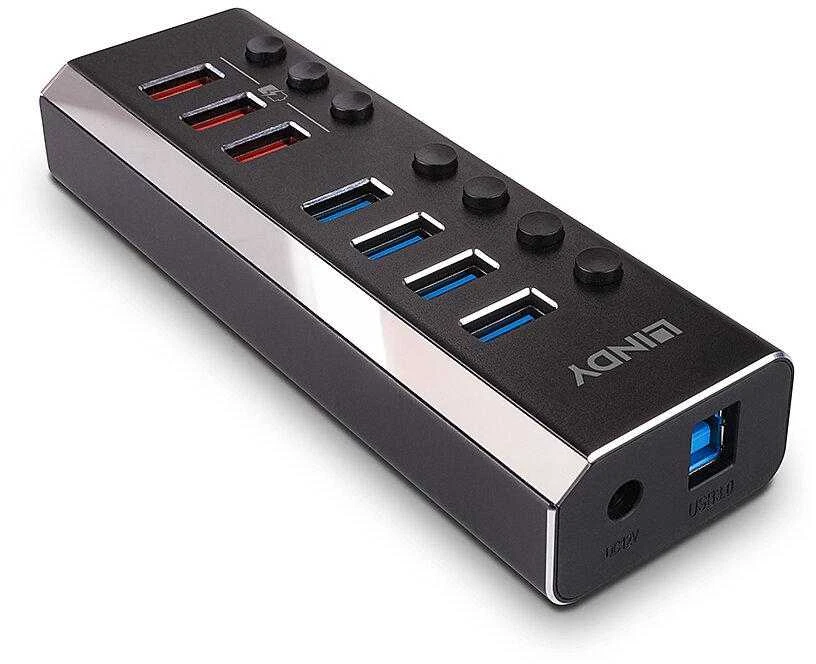 LINDY USB šakotuvas su atskirais prievadų mygtukais