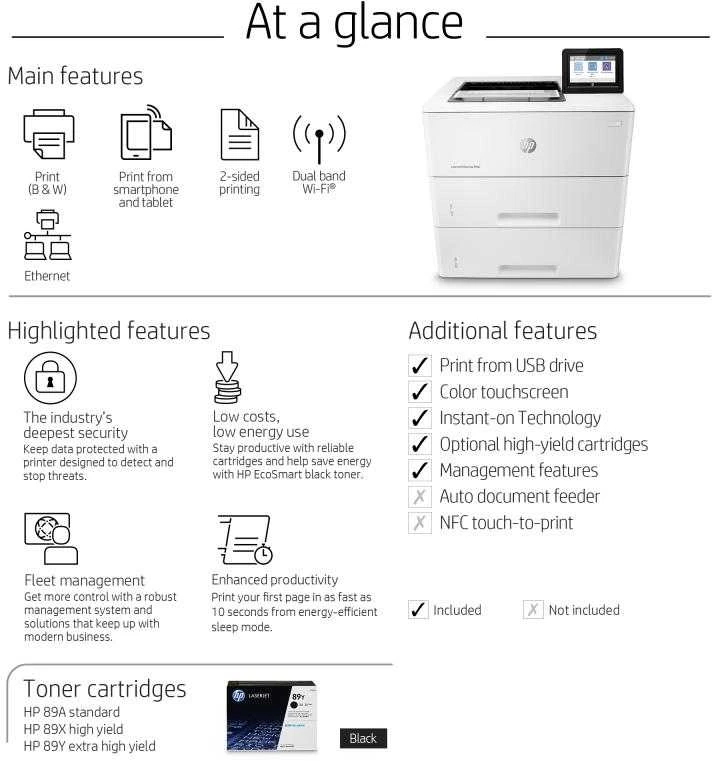 Hewlett Packard (HP) HP LaserJet Enterprise M507x Spausdintuvas - A4 Mono lazerinis, Spausdinimas, Automatinis dokumentų tiektuvas, Auto-Duplex, LAN, WiFi, 43ppm, 2000-7500 puslapių per mėnesį (pakeičia M506x)