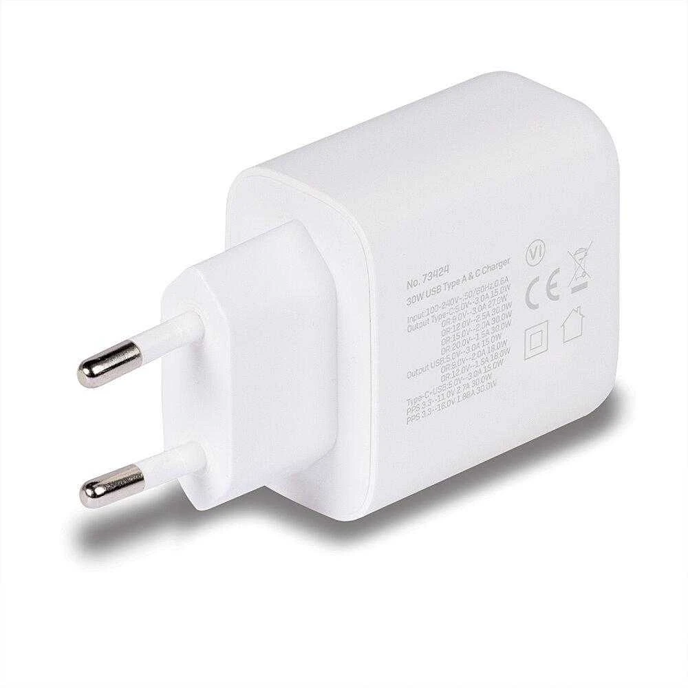 Įkroviklis - LINDY 30W USB Type A ir C Įkroviklis, Dvigubas Prievadas, PD Kompaktiškas Dizainas, Baltas