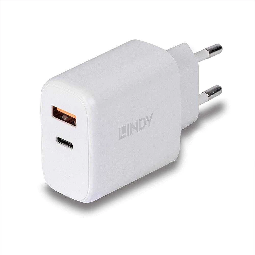 Įkroviklis - LINDY 30W USB Type A ir C Įkroviklis, Dvigubas Prievadas, PD Kompaktiškas Dizainas, Baltas