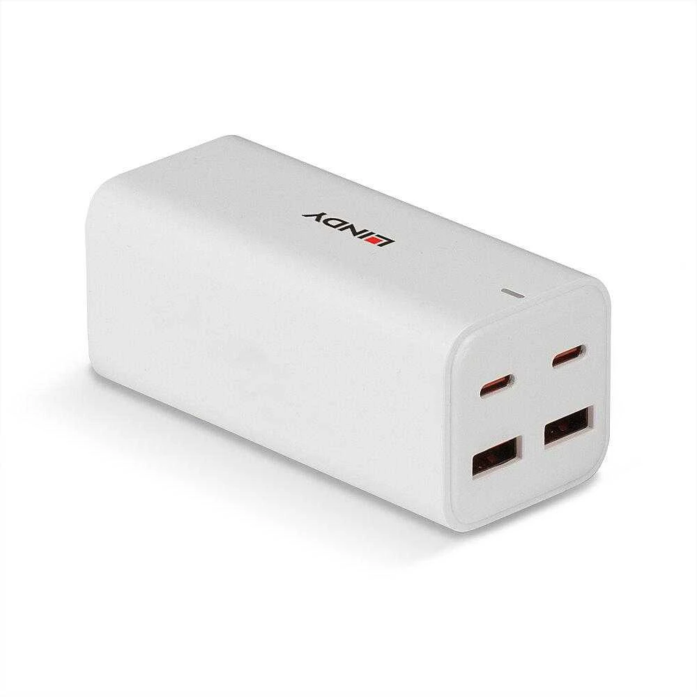 USB Įkroviklis - LINDY 100W 4 Prievadų GaN Įkroviklis su 2x USB Type C ir 2x Type A Prievadai, Baltas