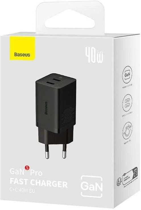 Sieninis įkroviklis Baseus GaN5 40W, 2x USB C (juodas)